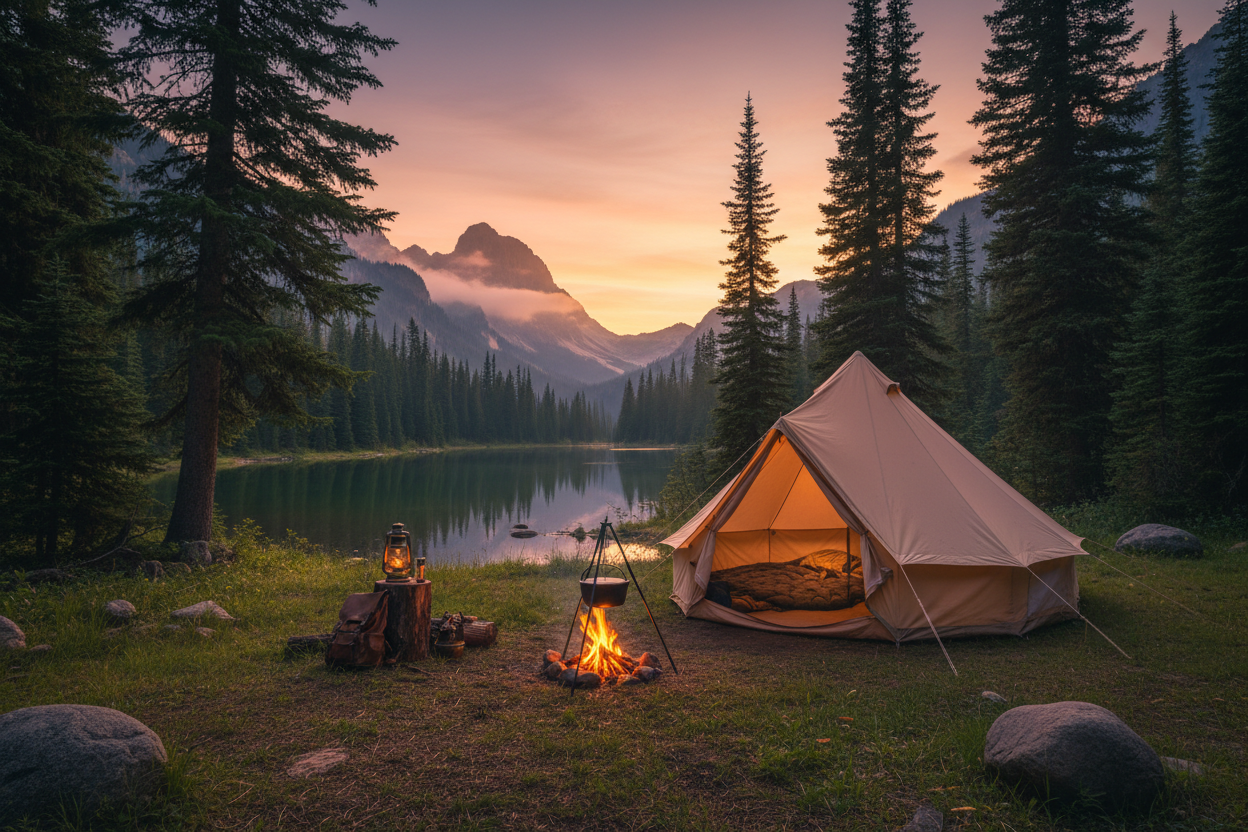 Wanderwege Deutschland: Zeltlager an einem malerischen See mit Feuerstelle in der Natur.