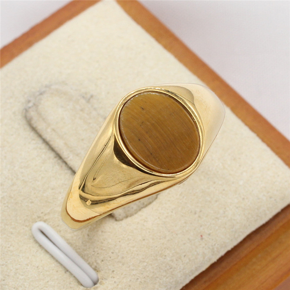 Modischer, minimalistischer ovaler Edelsteinring aus kühltonigem Titanstahl