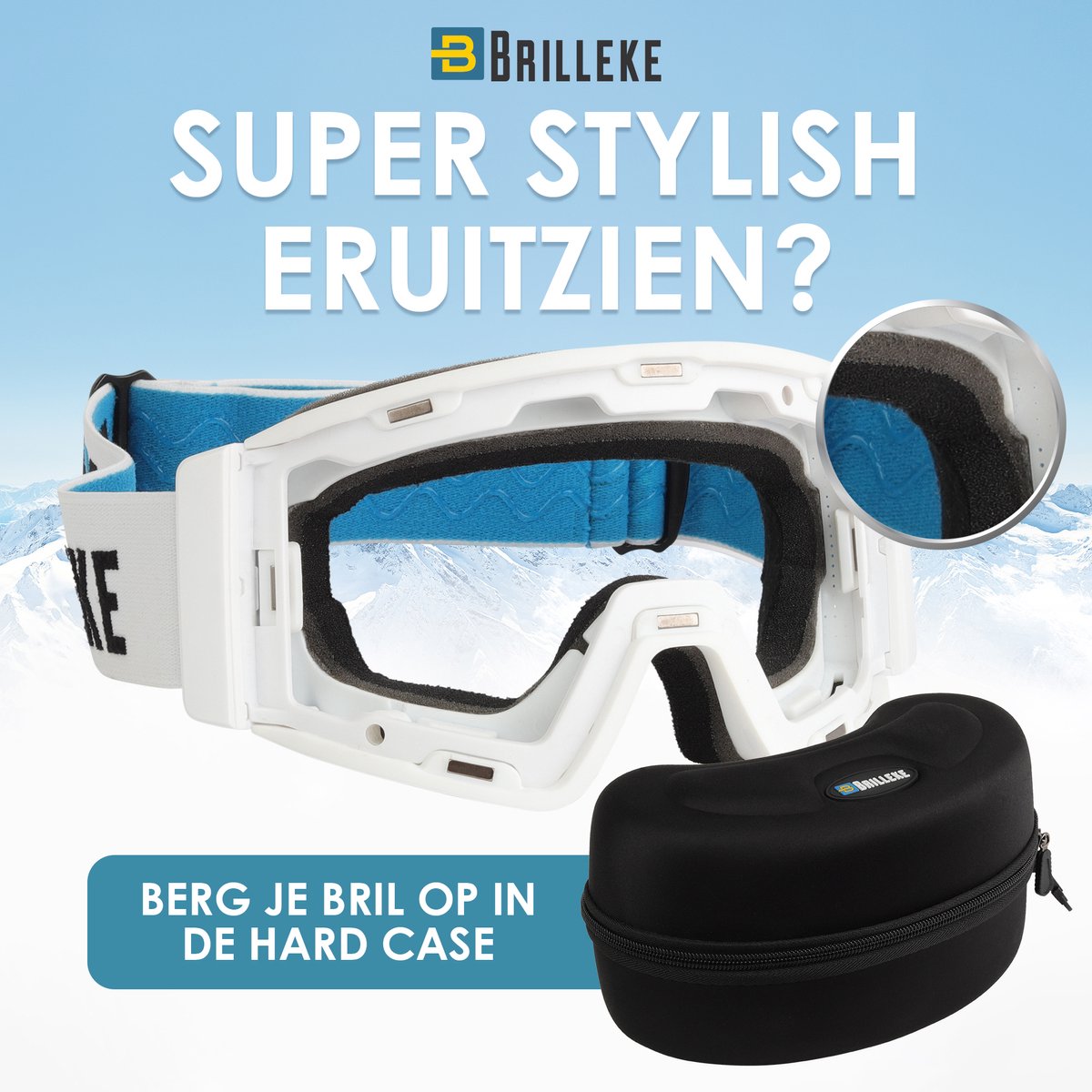 Brilleke® Snowboardbril. Met 2 Gekleurde Lenzen, Één Voor Goed En Één Voor Slecht Weer. Veilig Opgeborgen In Hardcase + Extra Lensbeschermer. (Wit)