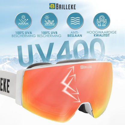 Brilleke® Snowboardbril. Met 2 Gekleurde Lenzen, Één Voor Goed En Één Voor Slecht Weer. Veilig Opgeborgen In Hardcase + Extra Lensbeschermer. (Wit)