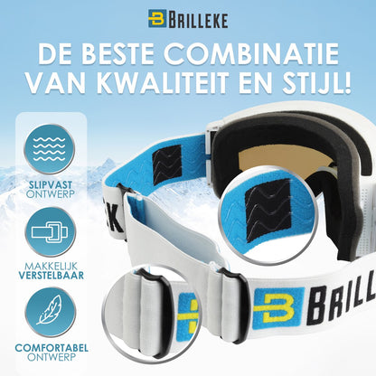 Brilleke® Snowboardbril. Met 2 Gekleurde Lenzen, Één Voor Goed En Één Voor Slecht Weer. Veilig Opgeborgen In Hardcase + Extra Lensbeschermer. (Wit)