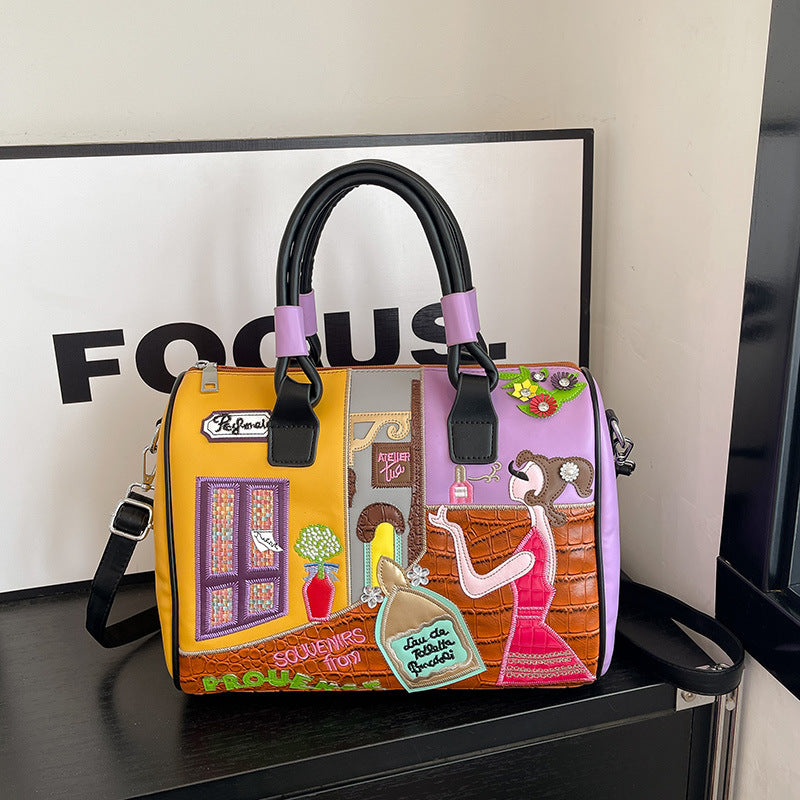 Hochwertige Boston Bag mit großem Fassungsvermögen und gesticktem Patchwork-Design