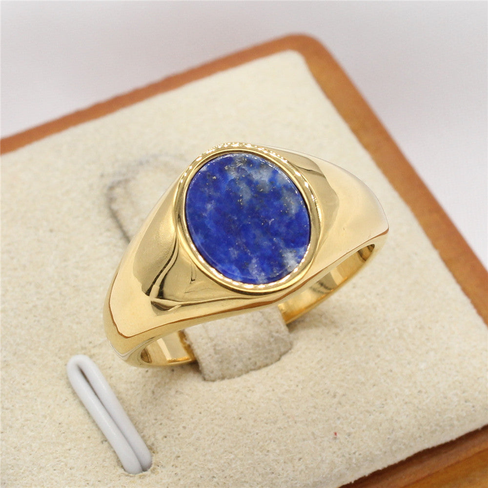 Modischer, minimalistischer ovaler Edelsteinring aus kühltonigem Titanstahl