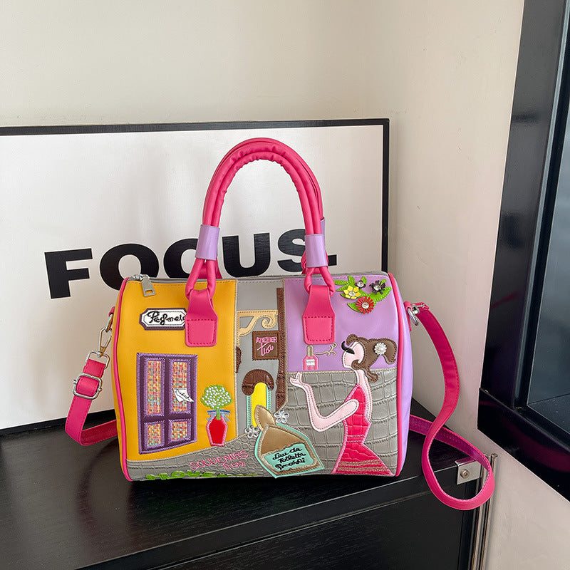 Hochwertige Boston Bag mit großem Fassungsvermögen und gesticktem Patchwork-Design