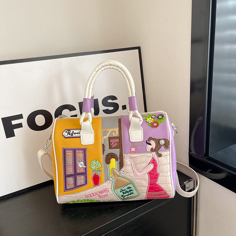 Hochwertige Boston Bag mit großem Fassungsvermögen und gesticktem Patchwork-Design