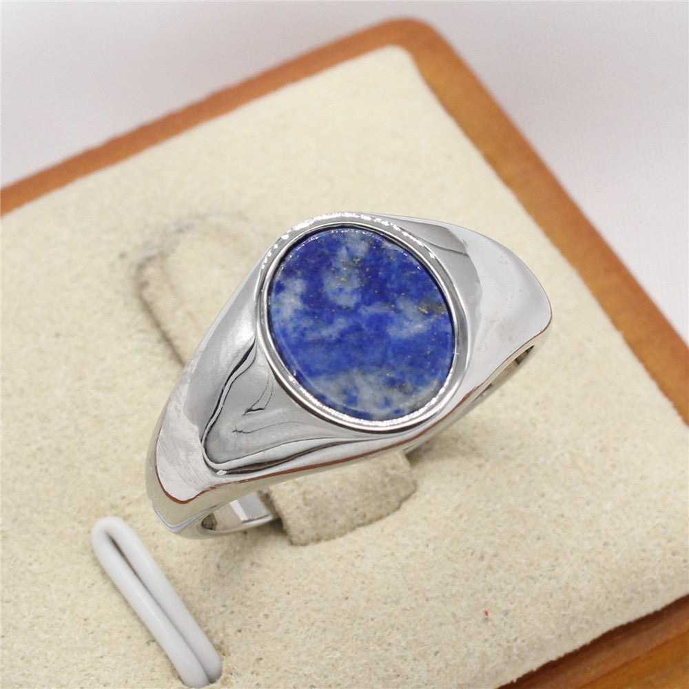 Modischer, minimalistischer ovaler Edelsteinring aus kühltonigem Titanstahl