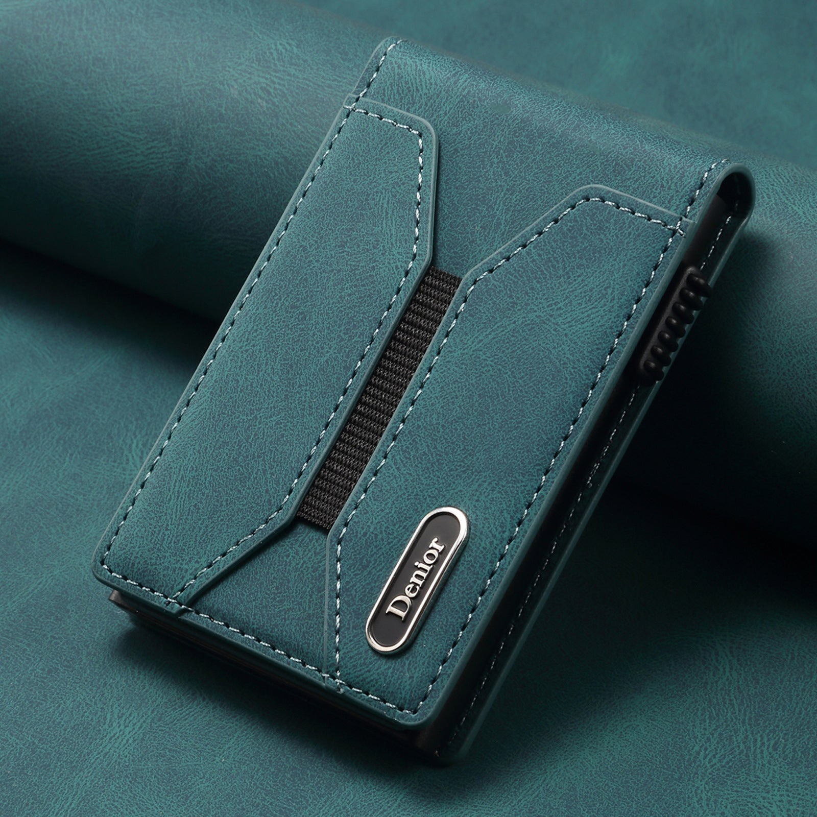 Automatisches Pop-up-Kartenetui aus Glattleder mit Knopfdruck und elastischem Bandverschluss