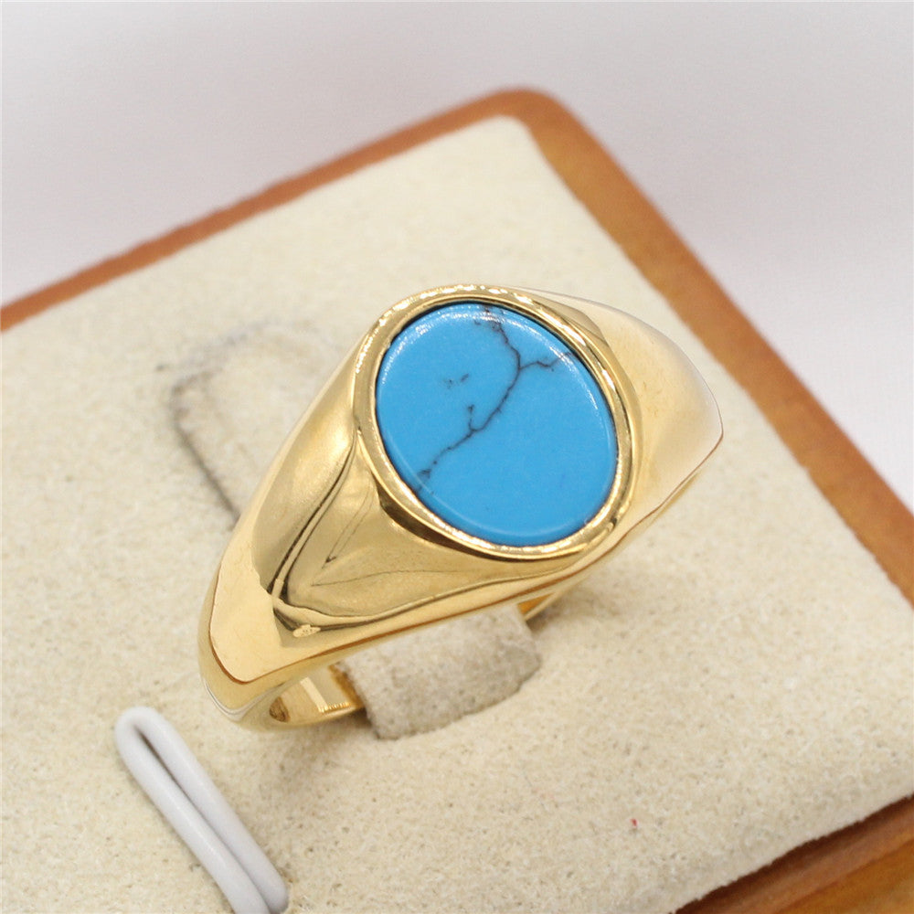 Modischer, minimalistischer ovaler Edelsteinring aus kühltonigem Titanstahl