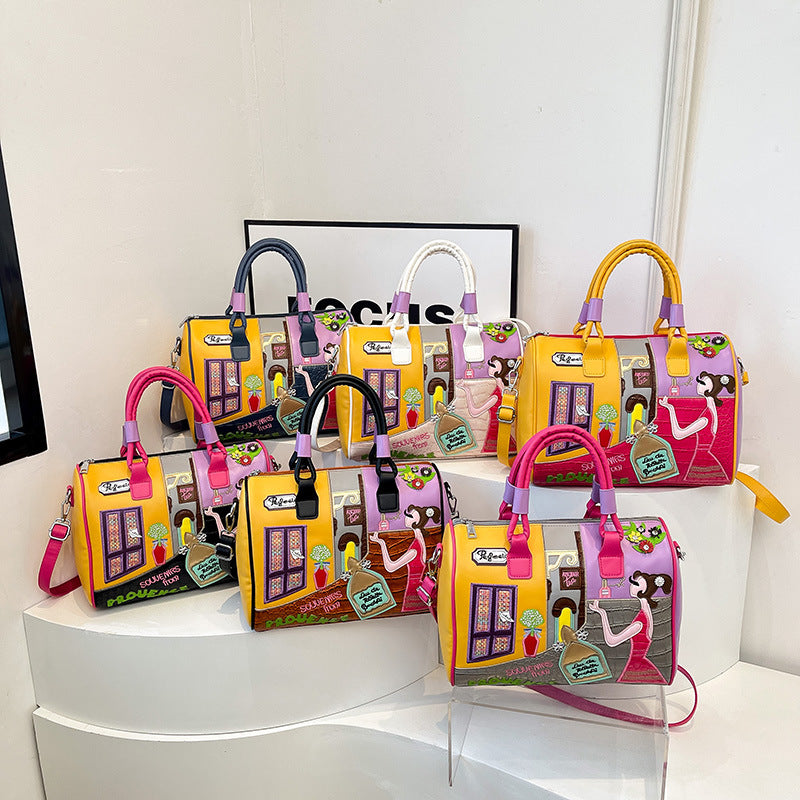 Hochwertige Boston Bag mit großem Fassungsvermögen und gesticktem Patchwork-Design