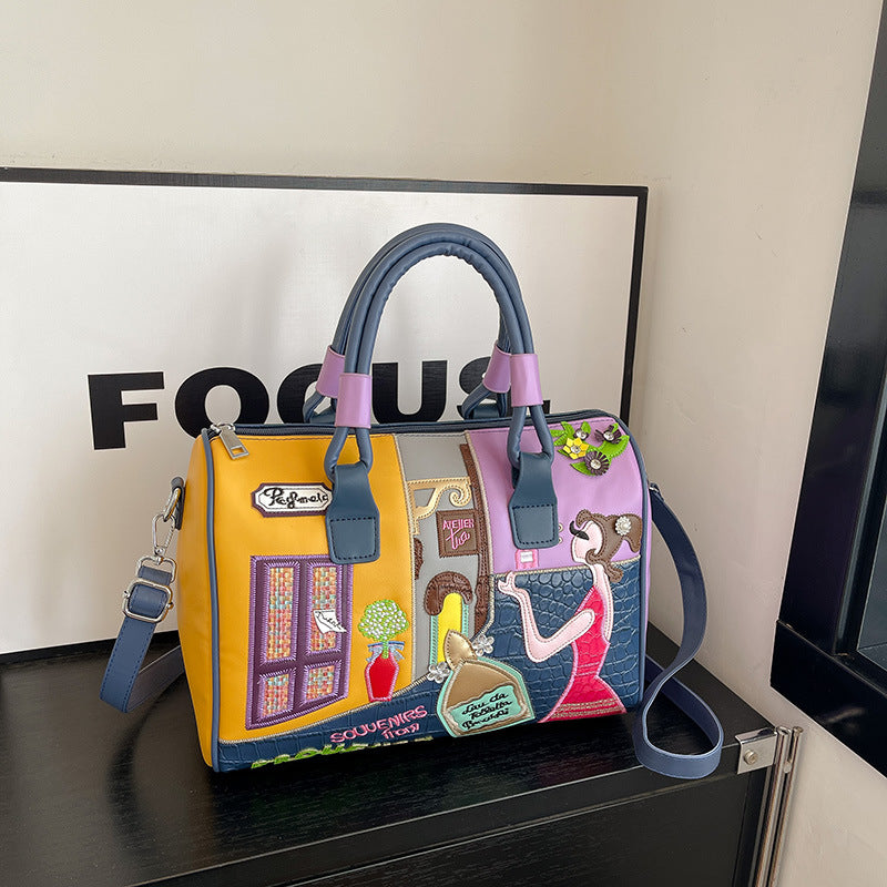 Hochwertige Boston Bag mit großem Fassungsvermögen und gesticktem Patchwork-Design