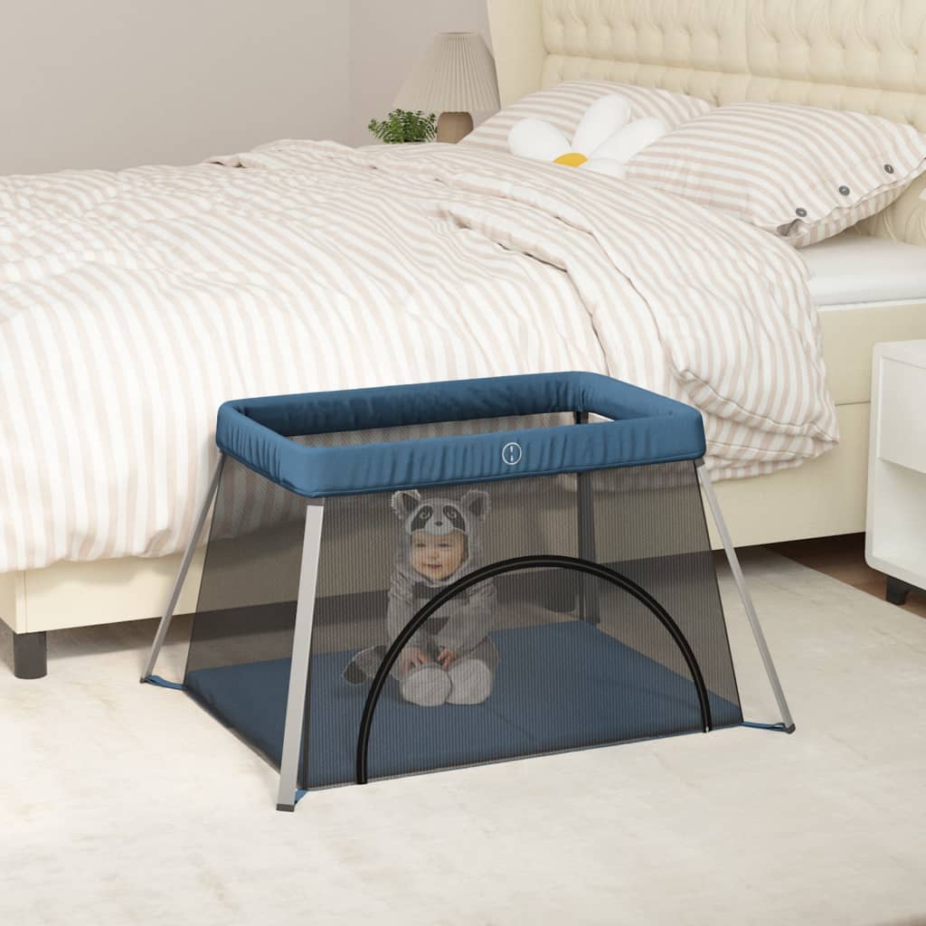 Baby-Laufstall Mit Matratze Marine Leinenstoff