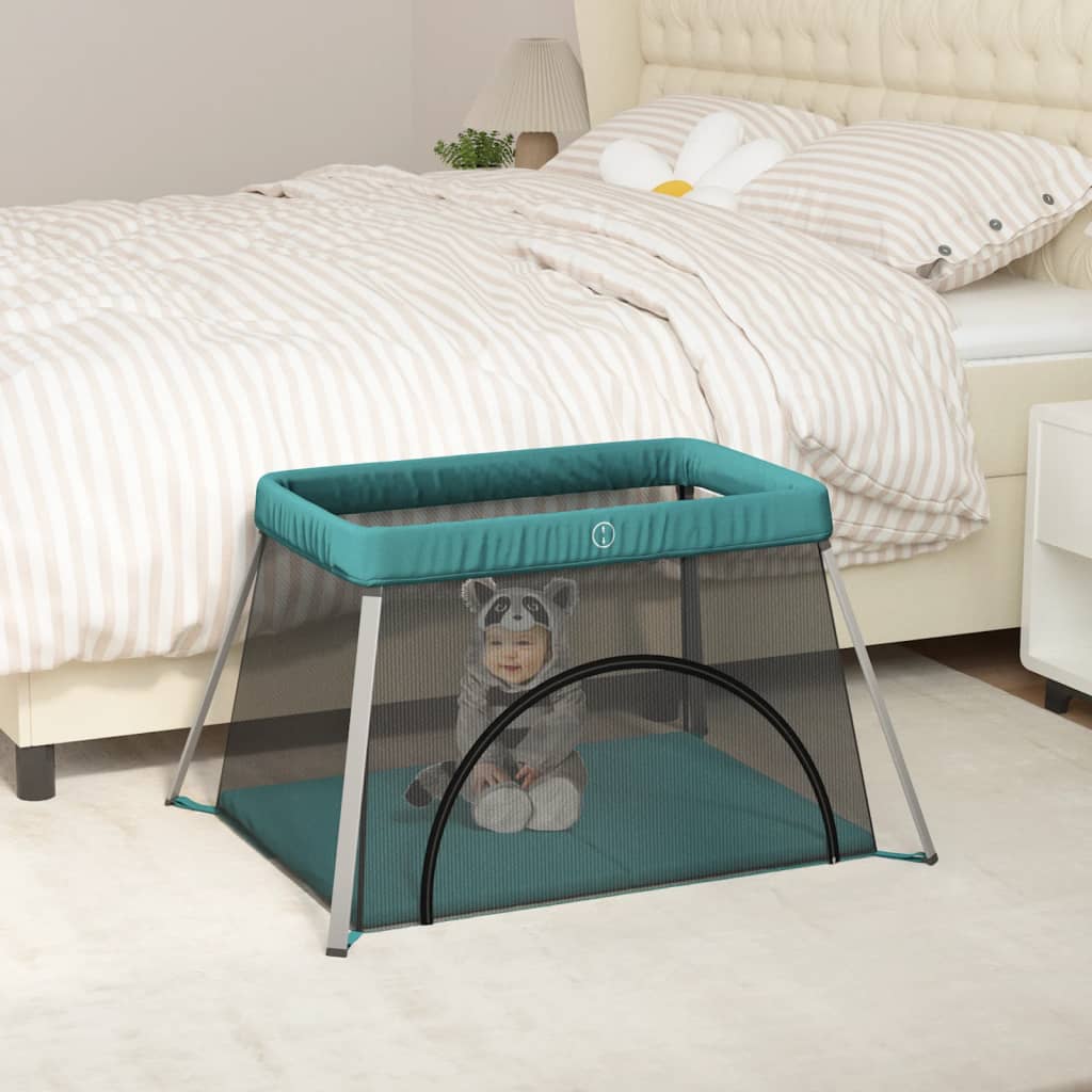 Baby-Laufstall Mit Matratze Marine Leinenstoff
