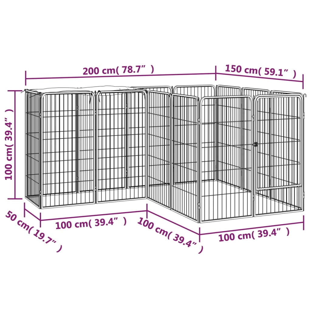 14-Tlg. Hundelaufstall Schwarz 50X100Cm Stahl Pulverbeschichtet