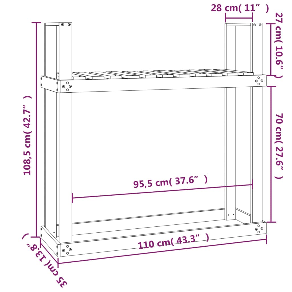 Kaminholzregal Schwarz 110X35X108,5 Cm Massivholz Kiefer