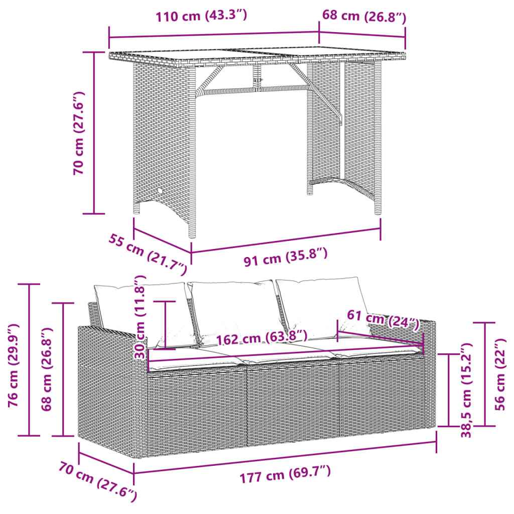 2-Tlg. Garten-Essgruppe Mit Kissen Grau Poly Rattan