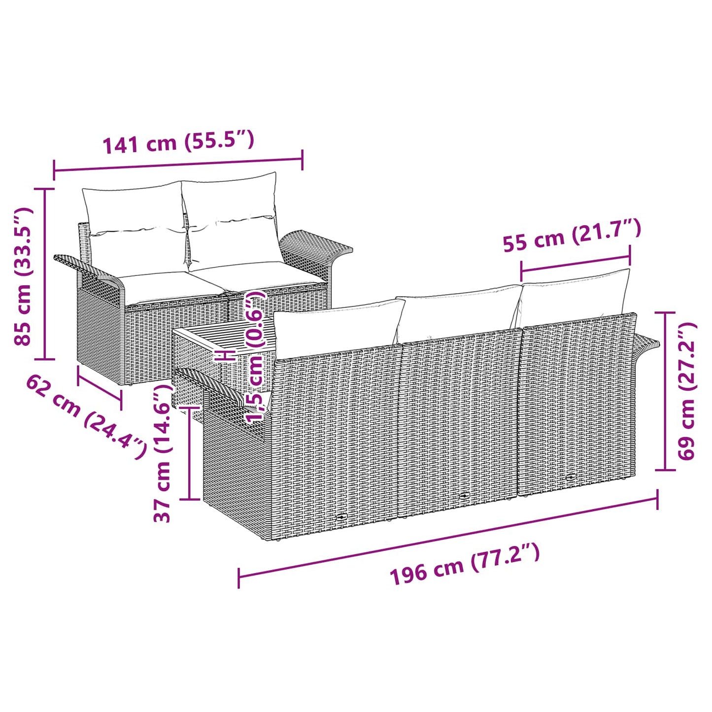 Gartensofa-Set Mit Kissen 6 Pcs Poly-Rattan