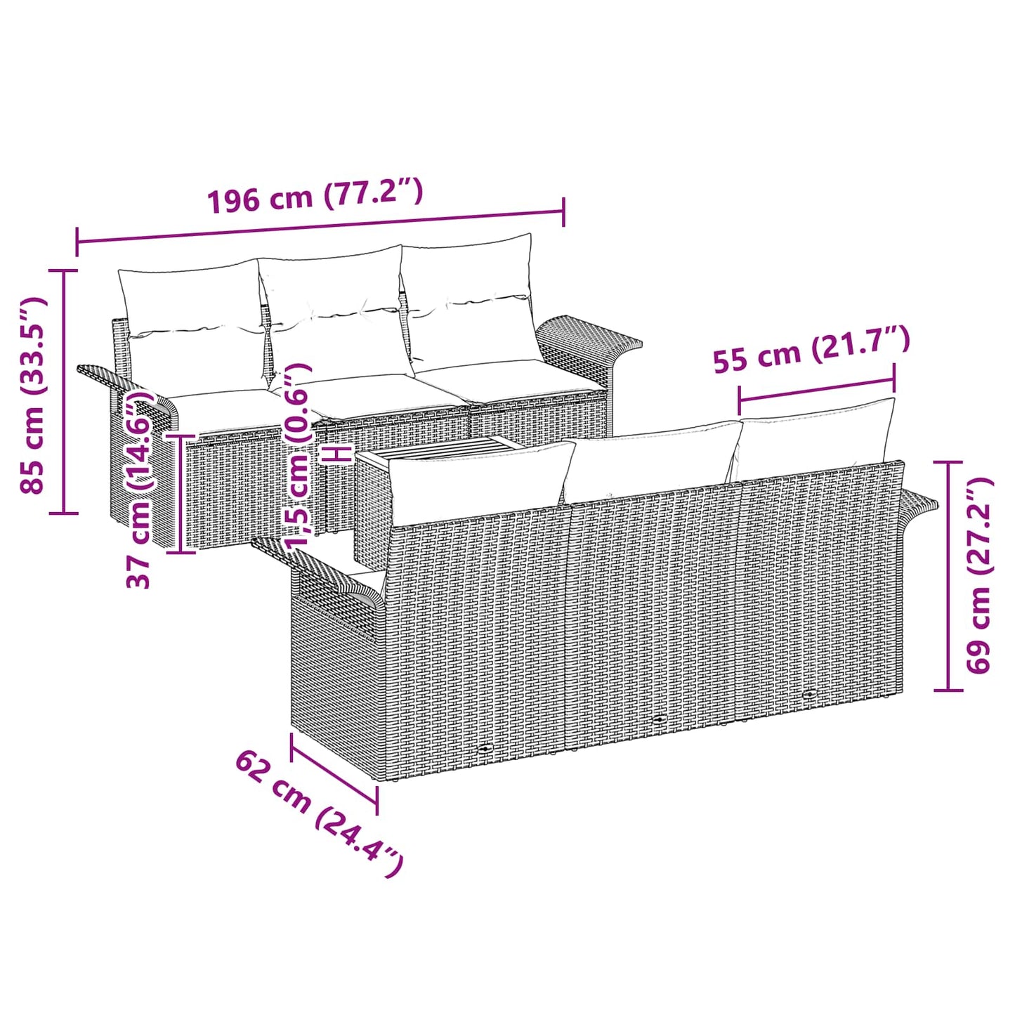 Gartensofa-Set Mit Kissen 7 Pcs Poly-Rattan