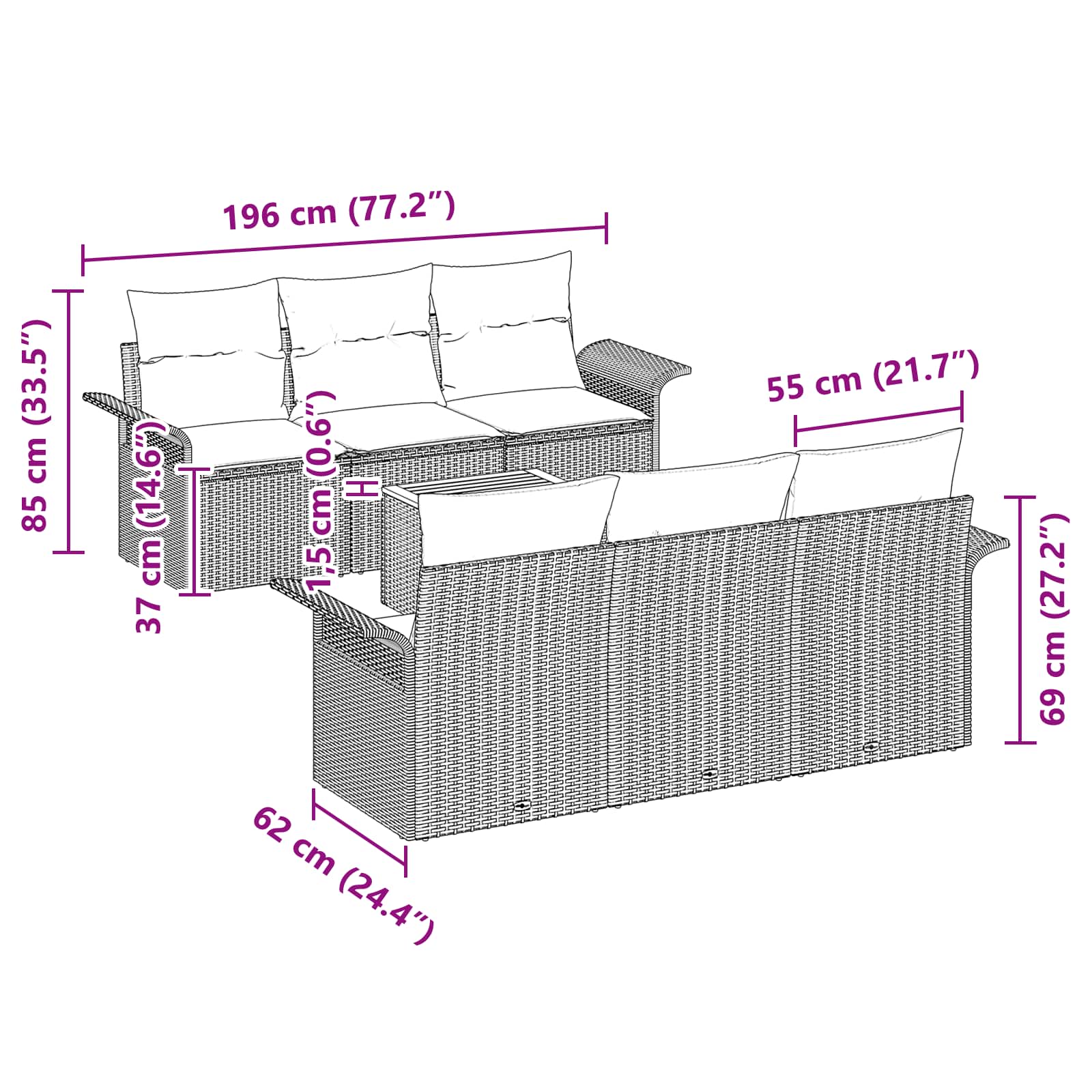 Gartensofa-Set Mit Kissen 7 Pcs Poly-Rattan