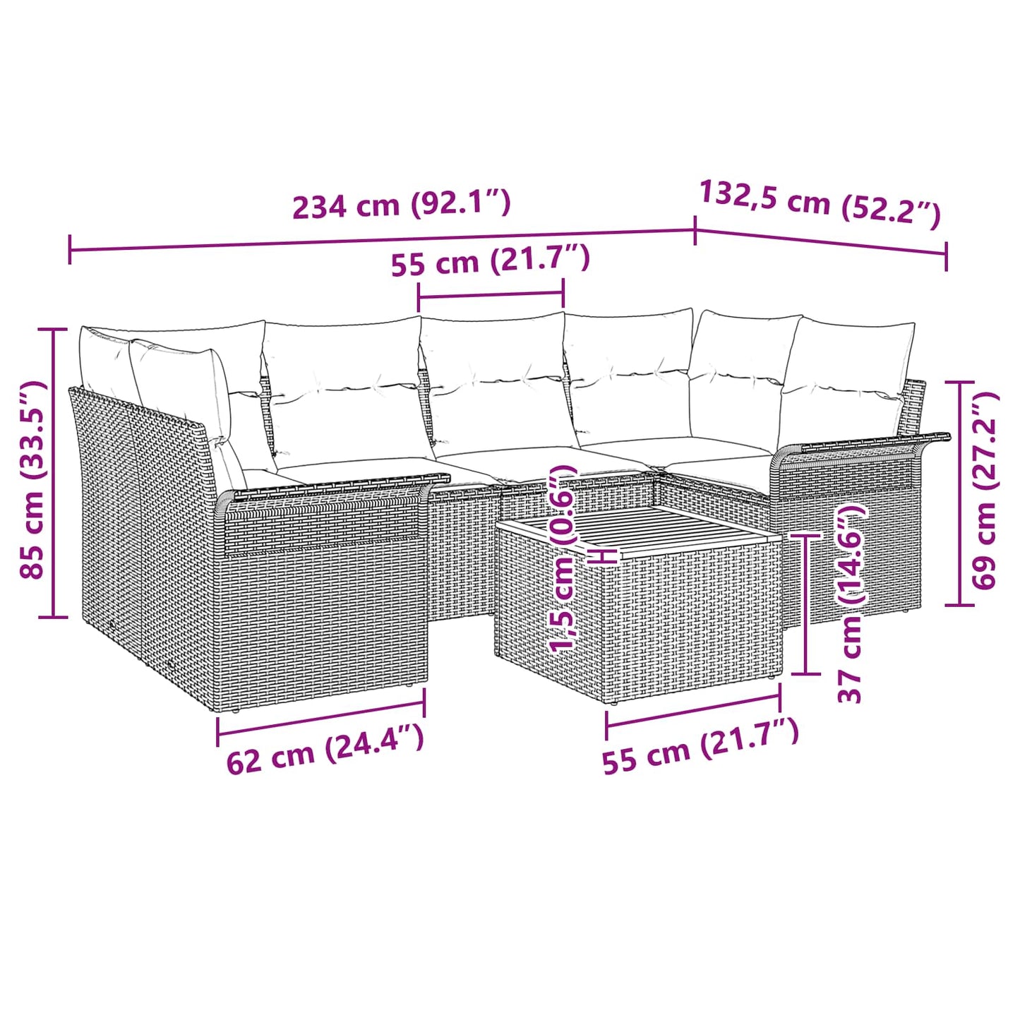 Gartensofa-Set Mit Kissen 7 Pcs Poly-Rattan