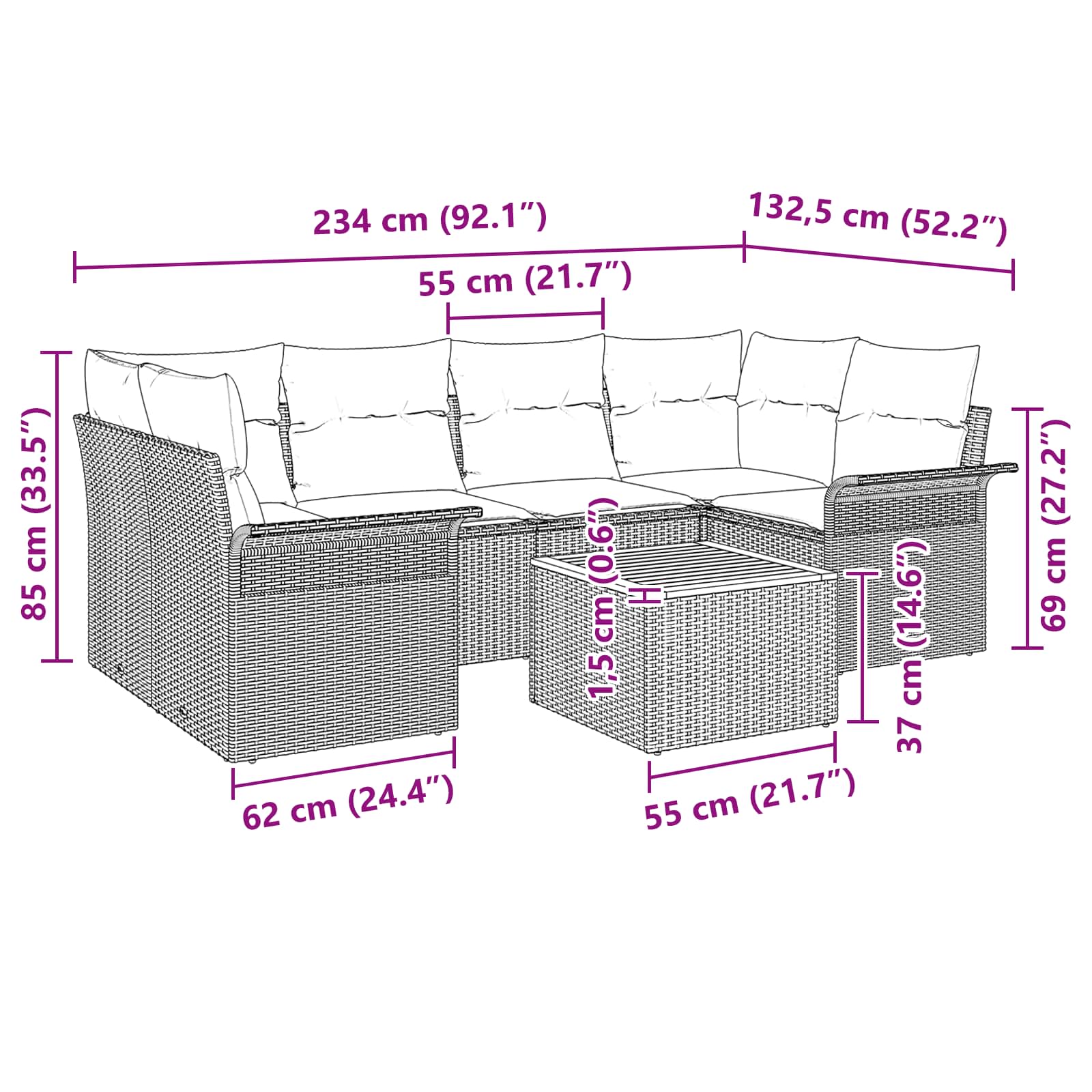 Gartensofa-Set Mit Kissen 7 Pcs Poly-Rattan