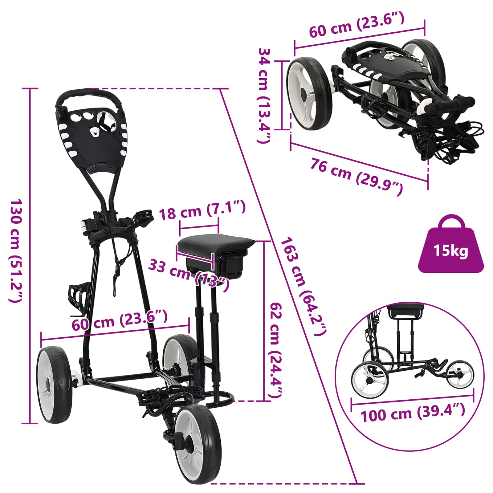 Golf-Dolly Mit Sitz Schwarz Und Weiß 100 X 60 X 130 Cm Eisen