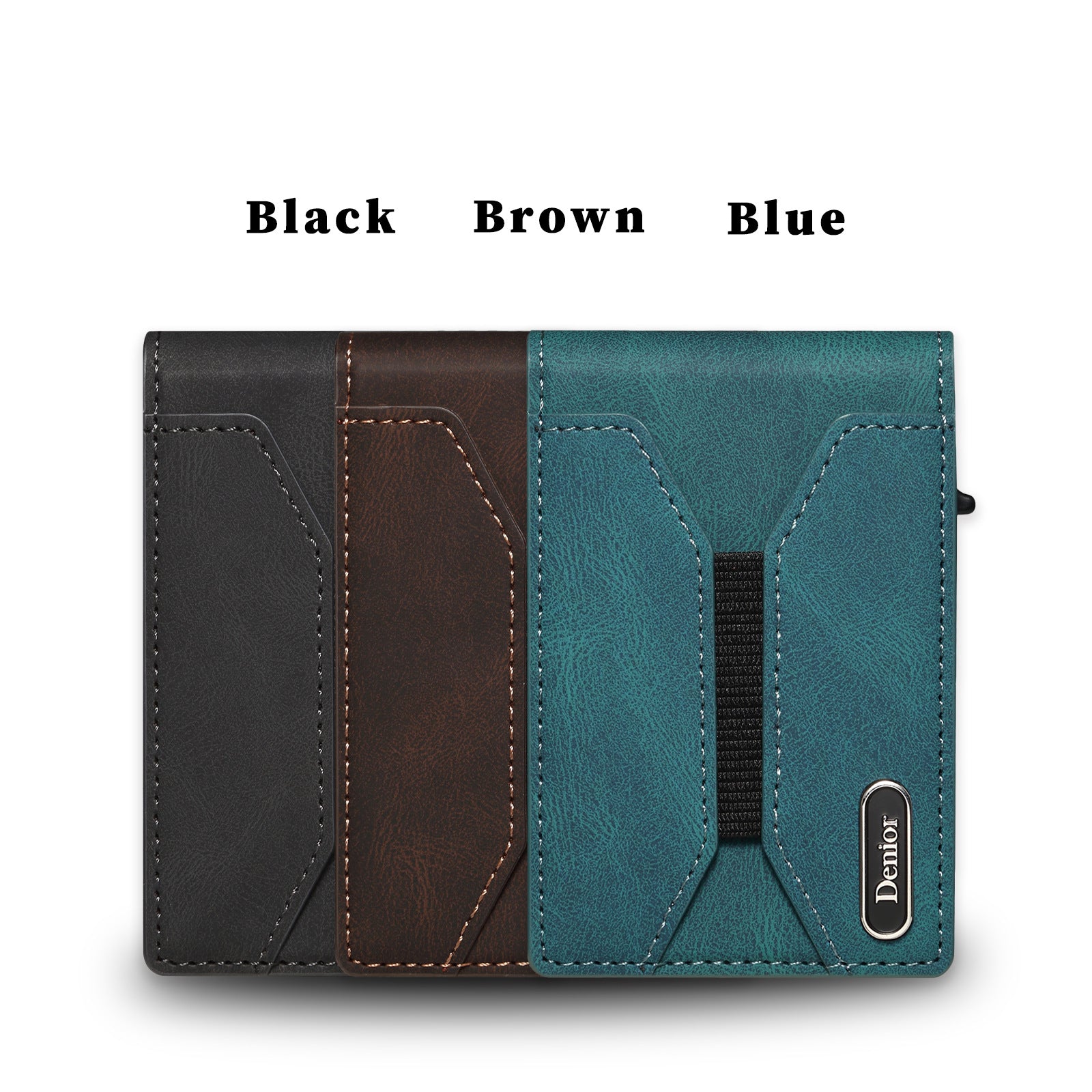 Automatisches Pop-up-Kartenetui aus Glattleder mit Knopfdruck und elastischem Bandverschluss