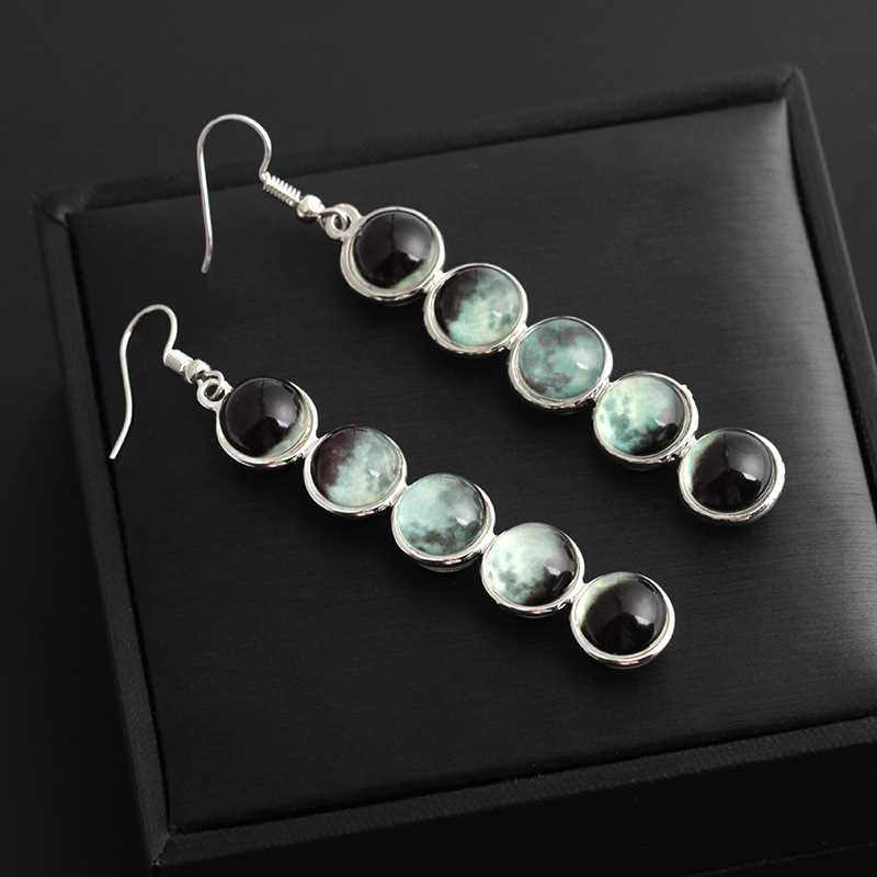 Lange Ohrringe mit Edelstein-Mond-Motiv, Glaskugel und Stern