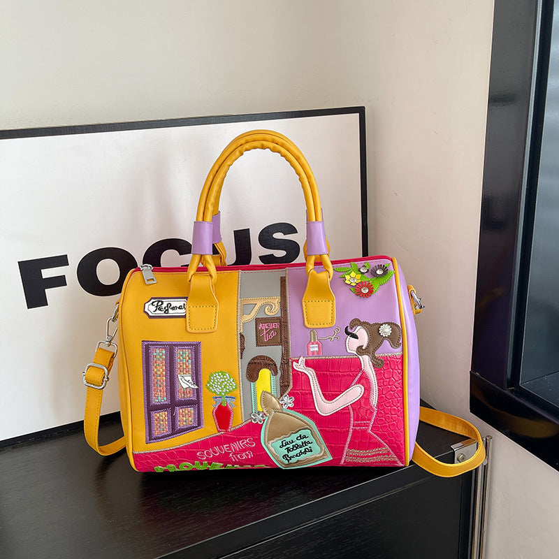 Hochwertige Boston Bag mit großem Fassungsvermögen und gesticktem Patchwork-Design