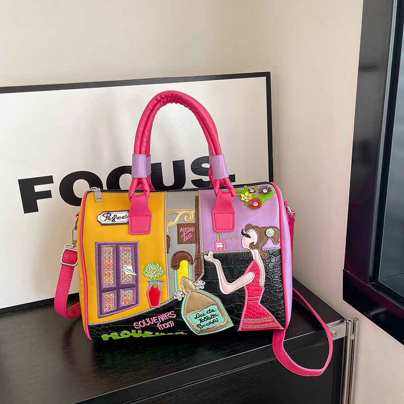 Hochwertige Boston Bag mit großem Fassungsvermögen und gesticktem Patchwork-Design